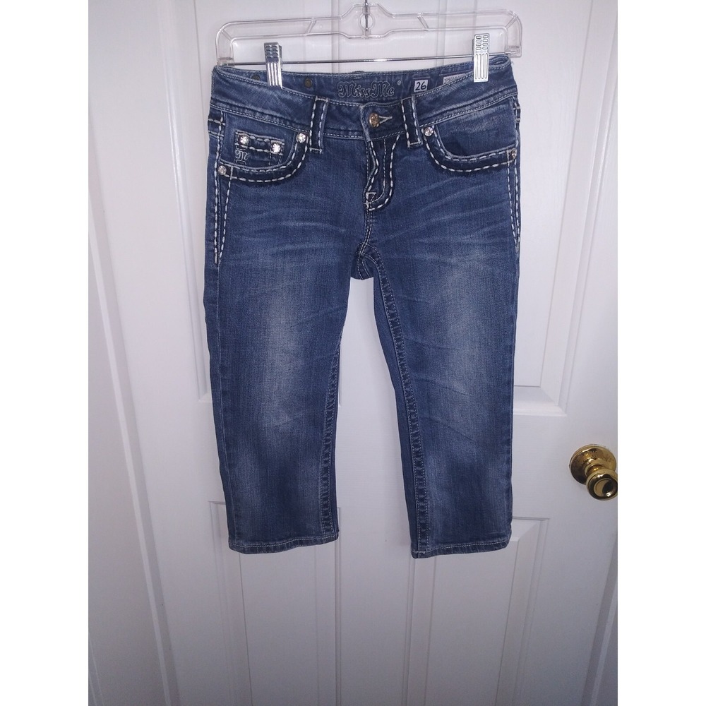 Miss Me Capri Denim Jeans JP5014CP-8 Medium Wash Women's 26 Bling Contrast Stich